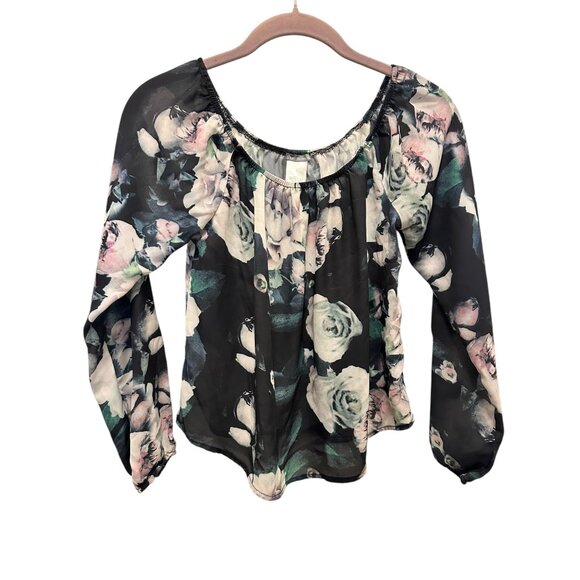 🍒 2/$20 🍒 Navy Floral Sheer Long Sleeved Blouse Rond Neck sz S - Picture 1 of 8